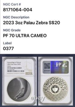 Palau 20 Dollars 2023 Silver 3OZ Coin Camouflage of Nature Zebra NGC PF70
