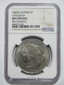 Peru 1882 M LM 5 Pesetas Ayacucho 5 Pesetas Ngc Unc-details World Coin Rare