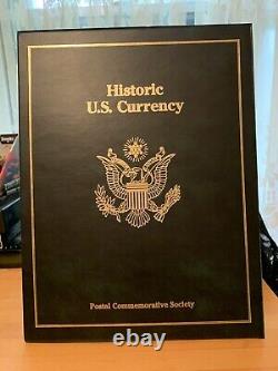 Postal Commemorative Society Tri-Fold $1 $2 & $5 Currency withStamps & Coins