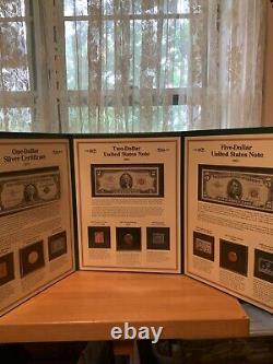 Postal Commemorative Society Tri-Fold $1 $2 & $5 Currency withStamps & Coins
