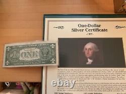 Postal Commemorative Society Tri-Fold $1 $2 & $5 Currency withStamps & Coins