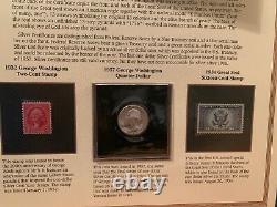 Postal Commemorative Society Tri-Fold $1 $2 & $5 Currency withStamps & Coins