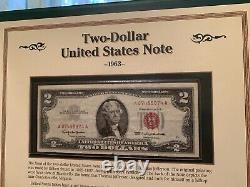 Postal Commemorative Society Tri-Fold $1 $2 & $5 Currency withStamps & Coins