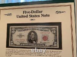 Postal Commemorative Society Tri-Fold $1 $2 & $5 Currency withStamps & Coins