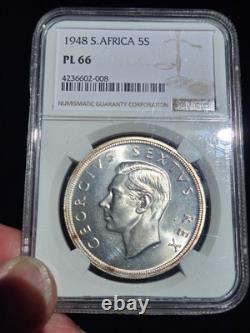 Prooflike Silver 1948 South africa 5 Shillings NGC PL 66 GEM PQ Crown