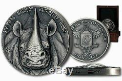 RHINO BIG FIVE 5 oz Silver Coin Antiqued Ultra High Relief Ivory Coast 2019