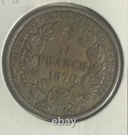 Rare 1870 A France Liberty Large silver 5 Fr, Nice