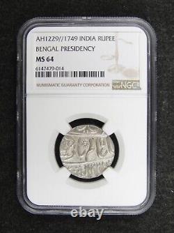Rare AH1229 1749 INDIA Silver Rupee Bengal Presidency NGC MS64