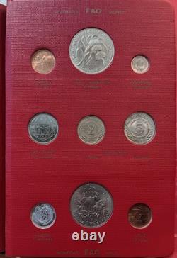Red 1968 UN FAO Album Lot Of 45 World Coins Including Silver 5 Pages Complete