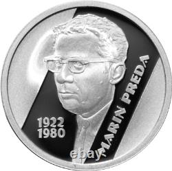 Romania 10 lei silver 31.1g 90 years birth of Marin Preda UNC proof coin BNR