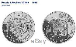 Russia 1993 Silver Coin 3 Roubles Wildlife Brown Bear Safe our World NGC PF68