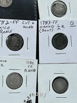 SASA Lot Of (20) 1/2-2 Silver Reales Mexico Bolivia. (9) Holed Mostly 1700s