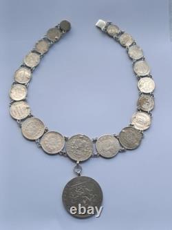 SILVER PENDANT WITH 18 RARE COINS 1820 -1882 USA, ITALY, SPAIN, weight 95 grams