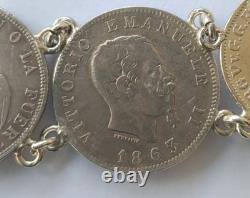 SILVER PENDANT WITH 18 RARE COINS 1820 -1882 USA, ITALY, SPAIN, weight 95 grams