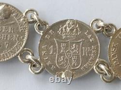 SILVER PENDANT WITH 18 RARE COINS 1820 -1882 USA, ITALY, SPAIN, weight 95 grams
