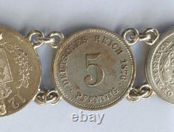 SILVER PENDANT WITH 18 RARE COINS 1820 -1882 USA, ITALY, SPAIN, weight 95 grams