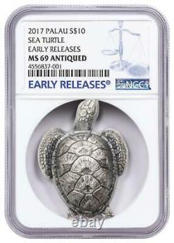 Sea Turtle 2017 Silver Coin $10 Ngc Ms 69 Antiqued Er