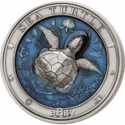 Sea Turtle Underwater World 3 oz Antigue finish Silver Coin 5$ Barbados 2018