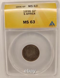 South Africa 1896 Silver 6Pence MS63 ANACS Rare HighGrade Kreuger Silver Coin 2B