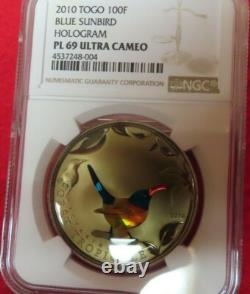 Togo 100 Francs Holographic Blue bird NGC Graded Proof Like (PL) 69 UltraRare