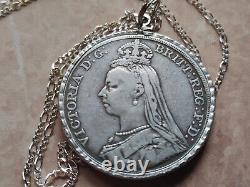 UK Victorian 1890 English. 925 Silver Crown Coin Pendant 24 Italy Silver chain