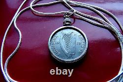 Very Fine 1928 Irish Sixpence Pendant Antique on a 18.925 Silver Snake Chain