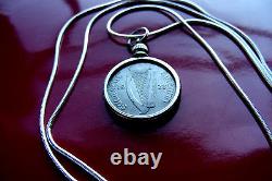 Very Fine 1928 Irish Sixpence Pendant Antique on a 18.925 Silver Snake Chain