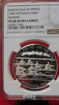 Vietnam 1989 Rowing 999 Silver 100 Dong NGC PF68 Ultra Cameo Olympics Barcelona