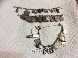 Vintage Sterling Silver Charm Bracelet Lot of 3 World Coins, Enamel, Airplane, Bo