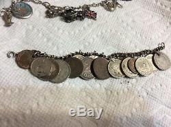Vintage Sterling Silver Charm Bracelet Lot of 3 World Coins, Enamel, Airplane, Bo