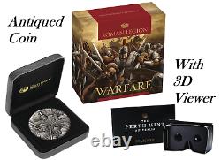 WARFARE ROMAN LEGION 2018 2oz Silver Antique HIGH RELIEF RIMLESS Coin 3D VIEW