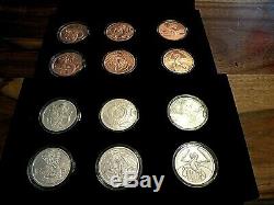 WORLD OF DRAGONS COMPLETE SET of 12 6-1 Oz. SILVER & 6-1 Oz. COPPER COINS & BOX