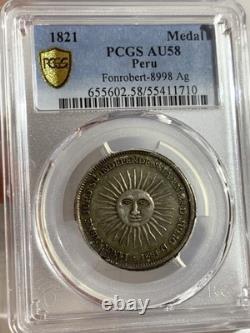 WORLD SILVER COIN 1821 PERU MEDAL PCGS AU58, FONROBERT-8998, SIZE 30mm