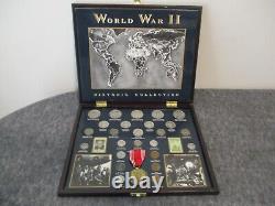 WORLD WAR II HISTORIC COLLECTION 25 COINS (19 SILVER) 2 STAMPS +MEDAL withWOOD BOX
