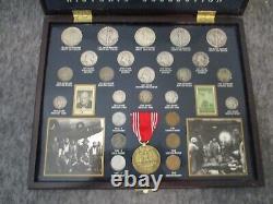 WORLD WAR II HISTORIC COLLECTION 25 COINS (19 SILVER) 2 STAMPS +MEDAL withWOOD BOX