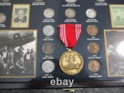 WORLD WAR II HISTORIC COLLECTION 25 COINS (19 SILVER) 2 STAMPS +MEDAL withWOOD BOX
