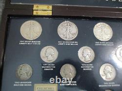 WORLD WAR II HISTORIC COLLECTION 25 COINS (19 SILVER) 2 STAMPS +MEDAL withWOOD BOX
