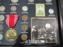 WORLD WAR II HISTORIC COLLECTION 25 COINS (19 SILVER) 2 STAMPS +MEDAL withWOOD BOX