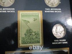 WORLD WAR II HISTORIC COLLECTION 25 COINS (19 SILVER) 2 STAMPS +MEDAL withWOOD BOX