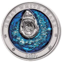 White Shark Underwater World 2018 3 Oz $5 Ultra High Relief Silver Coin Barbados