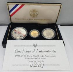 World War 2 II 50th Anniversary 3 Coin Silver Gold Set Blue Box COA US Mint