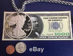 Worlds Largest Cut Coin 2018 USA ASE Silver Eagle Bullion Dollar Bling Necklace