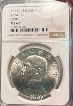 YR23 (1934) CHINA S$1 L&M-110 JUNK Silver Dollar Coin NGC MS 62 Freshly Graded